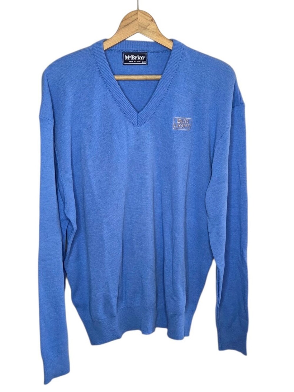 Vintage NEW McBriar Bud Light Cornflower Blue V-neck Pullover Sweater Size XXL